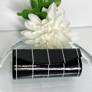 Lancôme Lipstick Case Black White Pinstripe Logo Interior Mirror NWOT